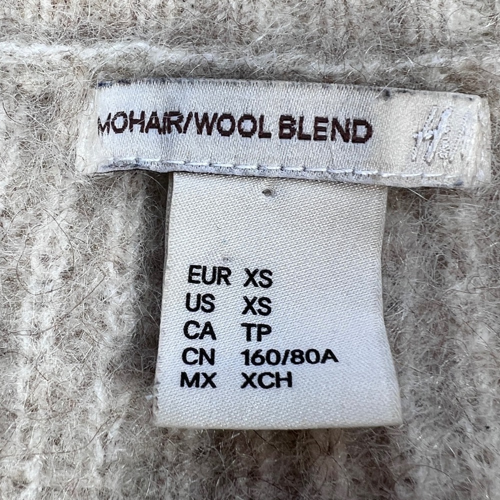 H&M Beige Sweater Mohair Wool Blend Balloon Sleeve V-Neck Women XS - Picture 3 of 7